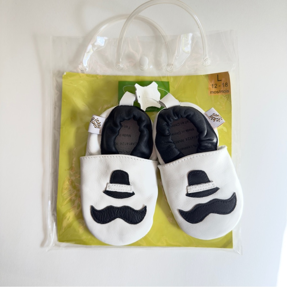 Twinkle Toes Navy and White Leather Baby Slippers with Mustache and Hat Design